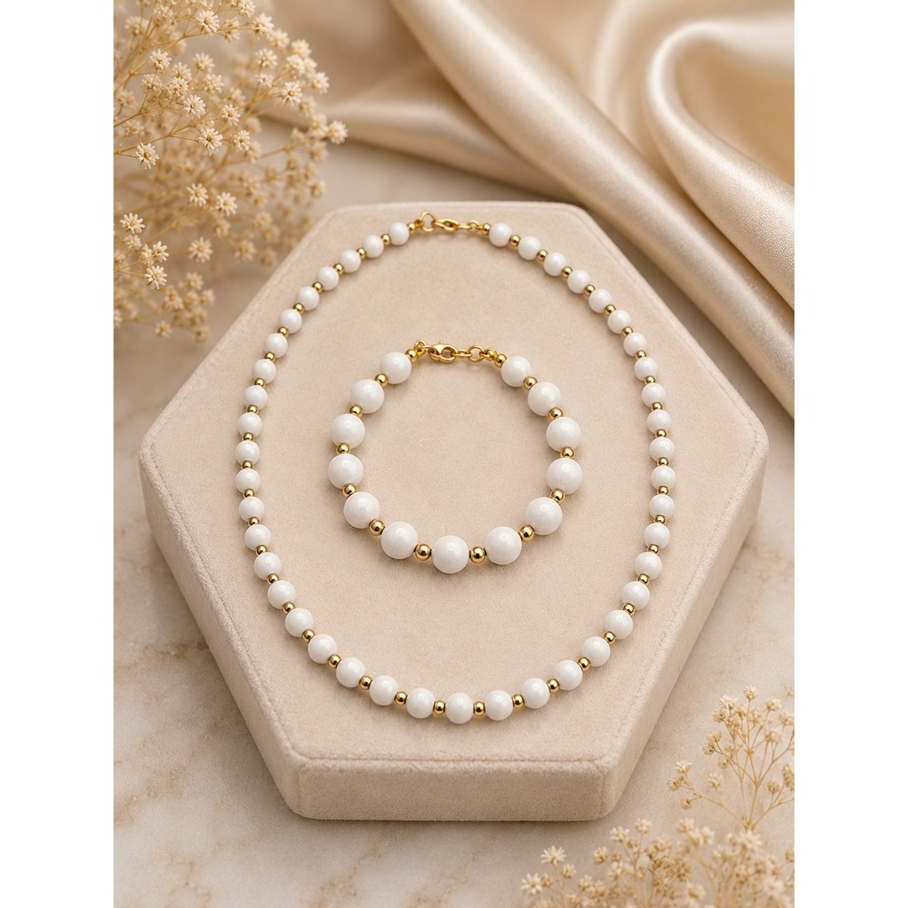 Monet White Gold Tone Bead Necklace Bracelet Set Signed Vintage Matching Parure